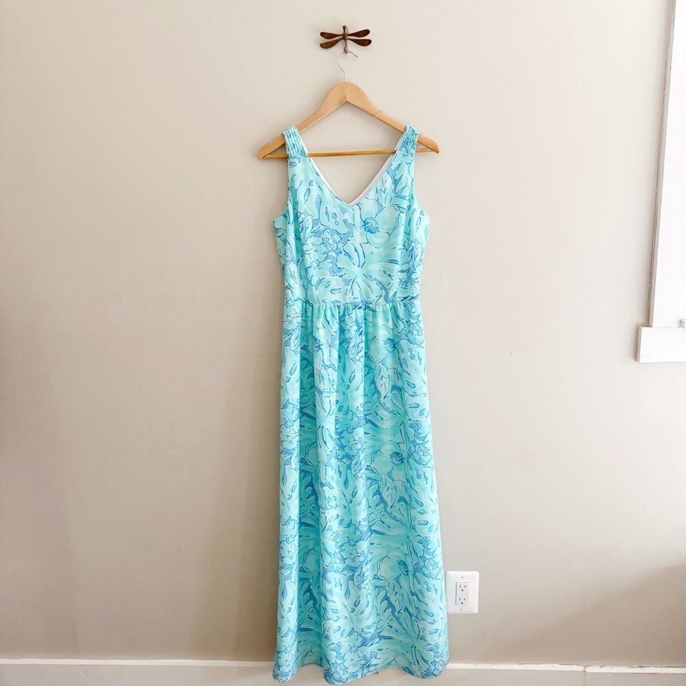 Vineyard Vines Blue Palm Leaf Sleeveless V-Neck Tropical Maxi Dress size 6 Small
